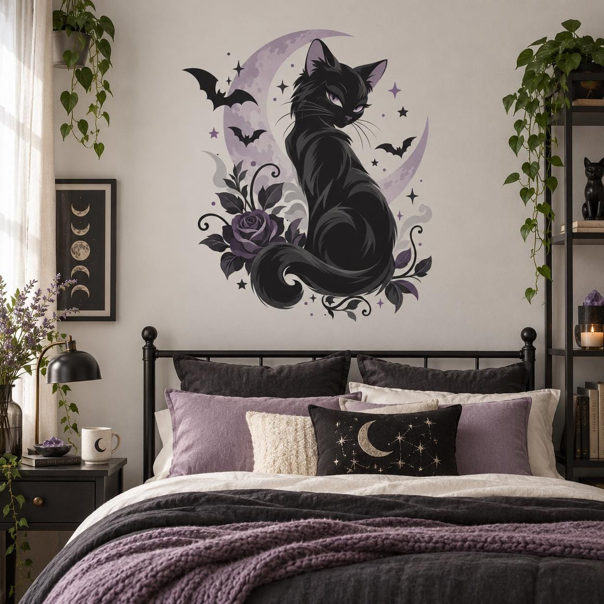 Black Cat Moon Wall Decal | Gothic Witchy Bedroom Decor | Celestial Bat and Dark Floral Vinyl Wall Sticker | Purple Gothic Room Wall Decor