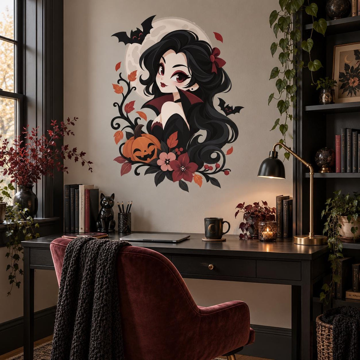 Cute Vampire Girl Wall Decal | Kawaii Halloween Vinyl Wall Sticker | Gothic Pumpkin Bat Moon Bedroom Wall Decor | Anime Style Wall Art Decor