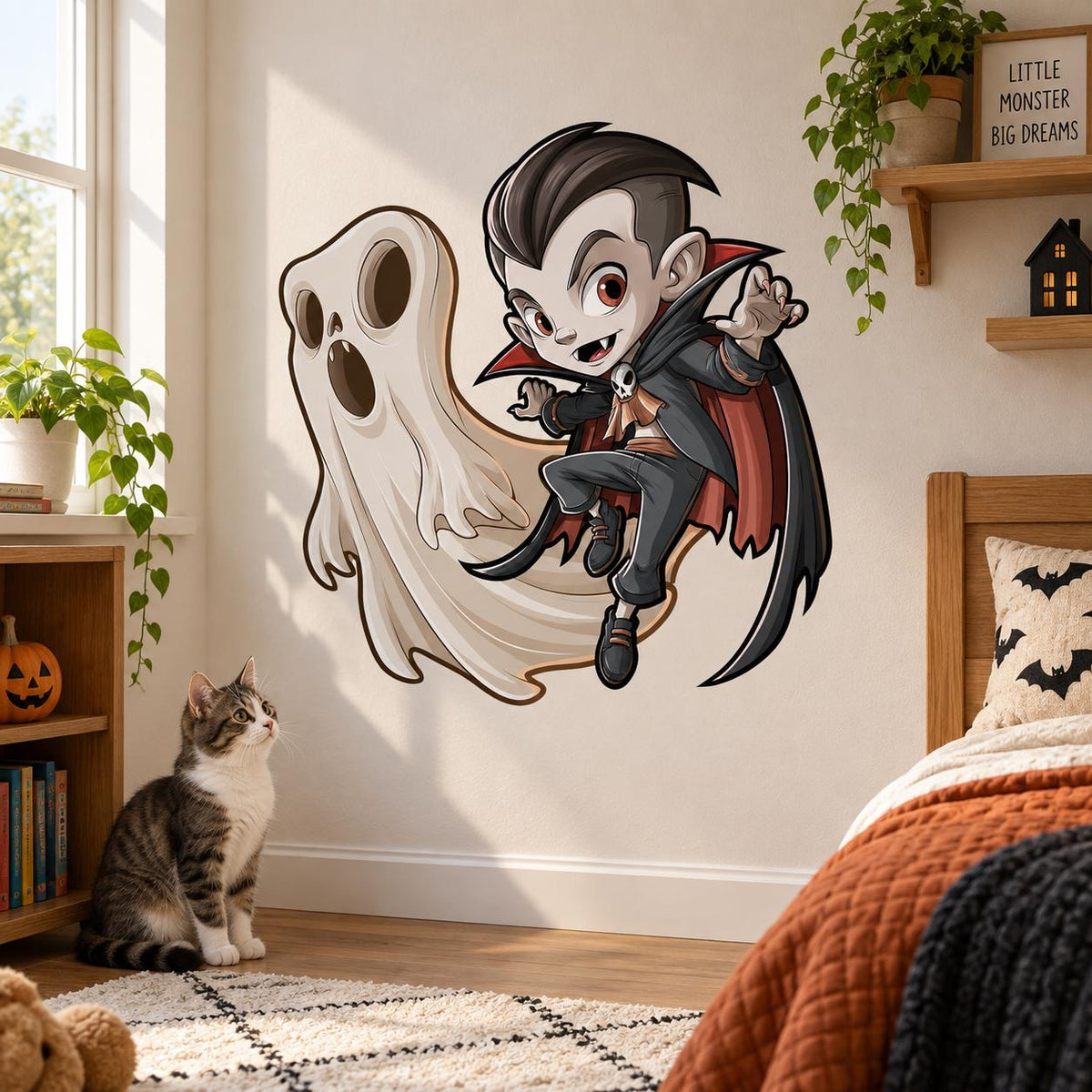 Cartoon Vampire and Ghost Wall Decal | Kids Halloween Bedroom Decor | Vinyl Wall Sticker | Playroom Spooky Wall Decoration | Ghost Decor