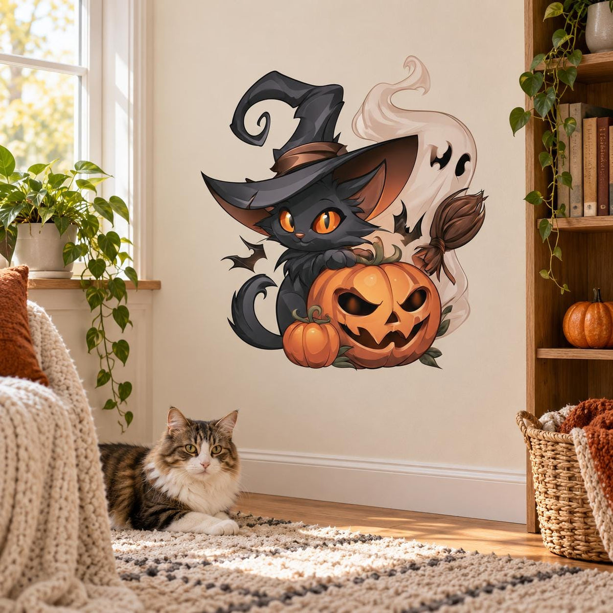 Halloween Witch Cat Wall Decal | Black Cat Pumpkin Vinyl Wall Sticker | Spooky Fall Home Decor | Jack O Lantern Wall Art | Witchy Decor