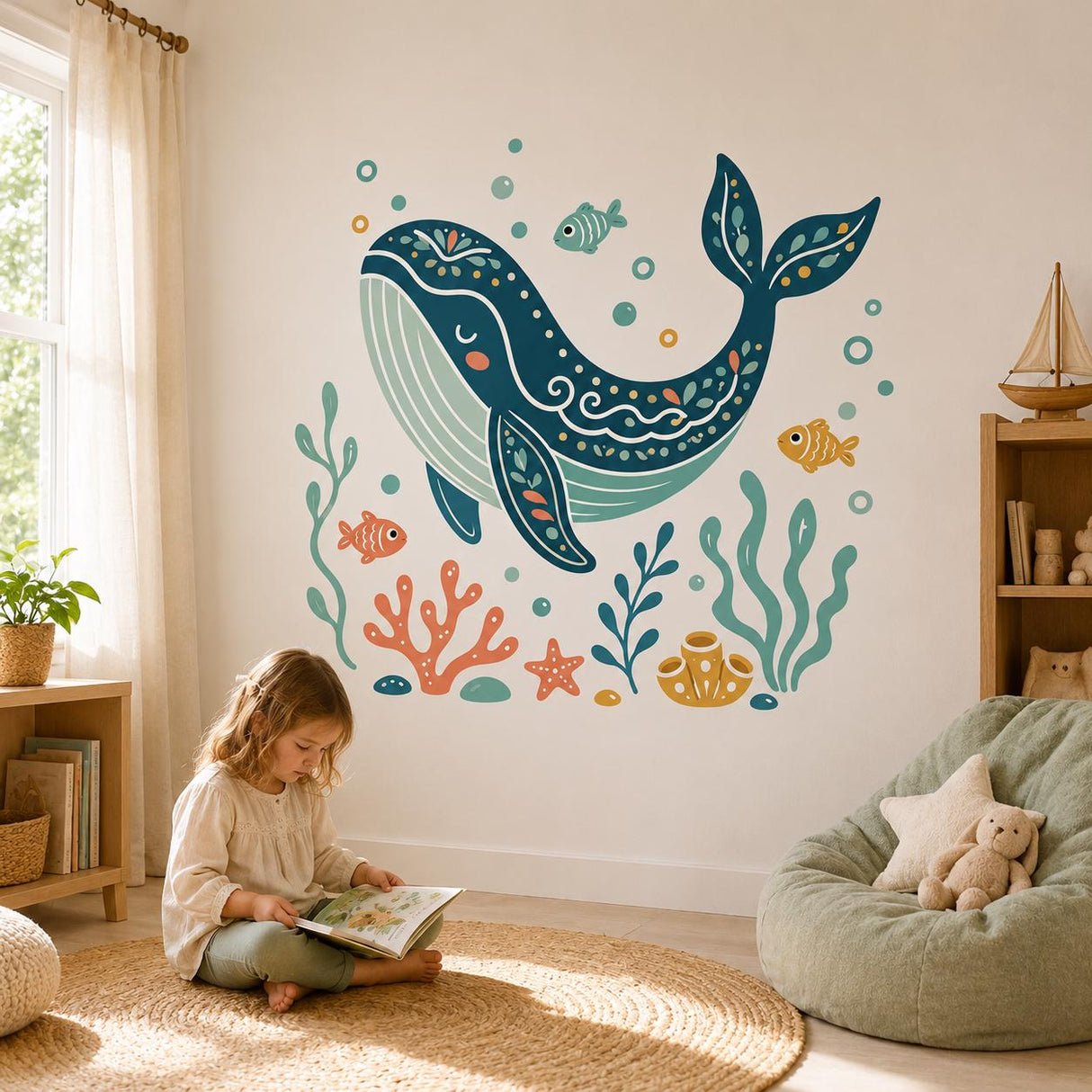 Whale Wall Decal | Ocean Whale Wall Sticker | Sea Life Nursery Decor | Kids' Room Wall Art | Folk Whale & Fish Wall Decoration | Ocean Decor