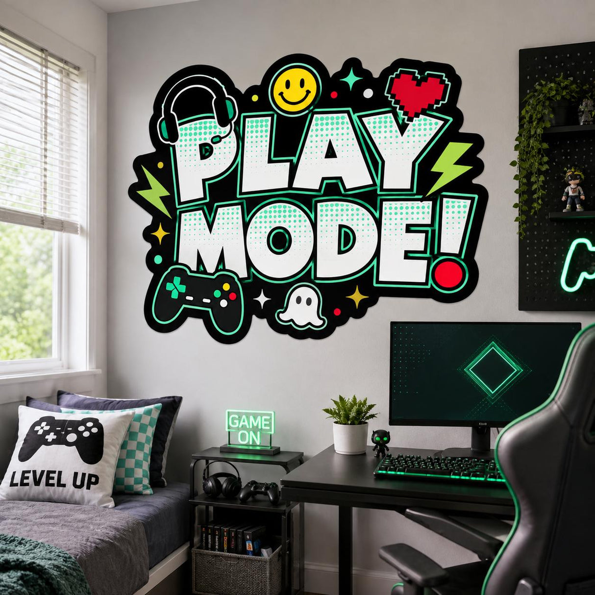 Play Mode Wall Decal | Gaming Wall Sticker | Video Game Room Decor | Kids Gaming Wall Art | Controller Headset & Pixel Heart Wall Decoration