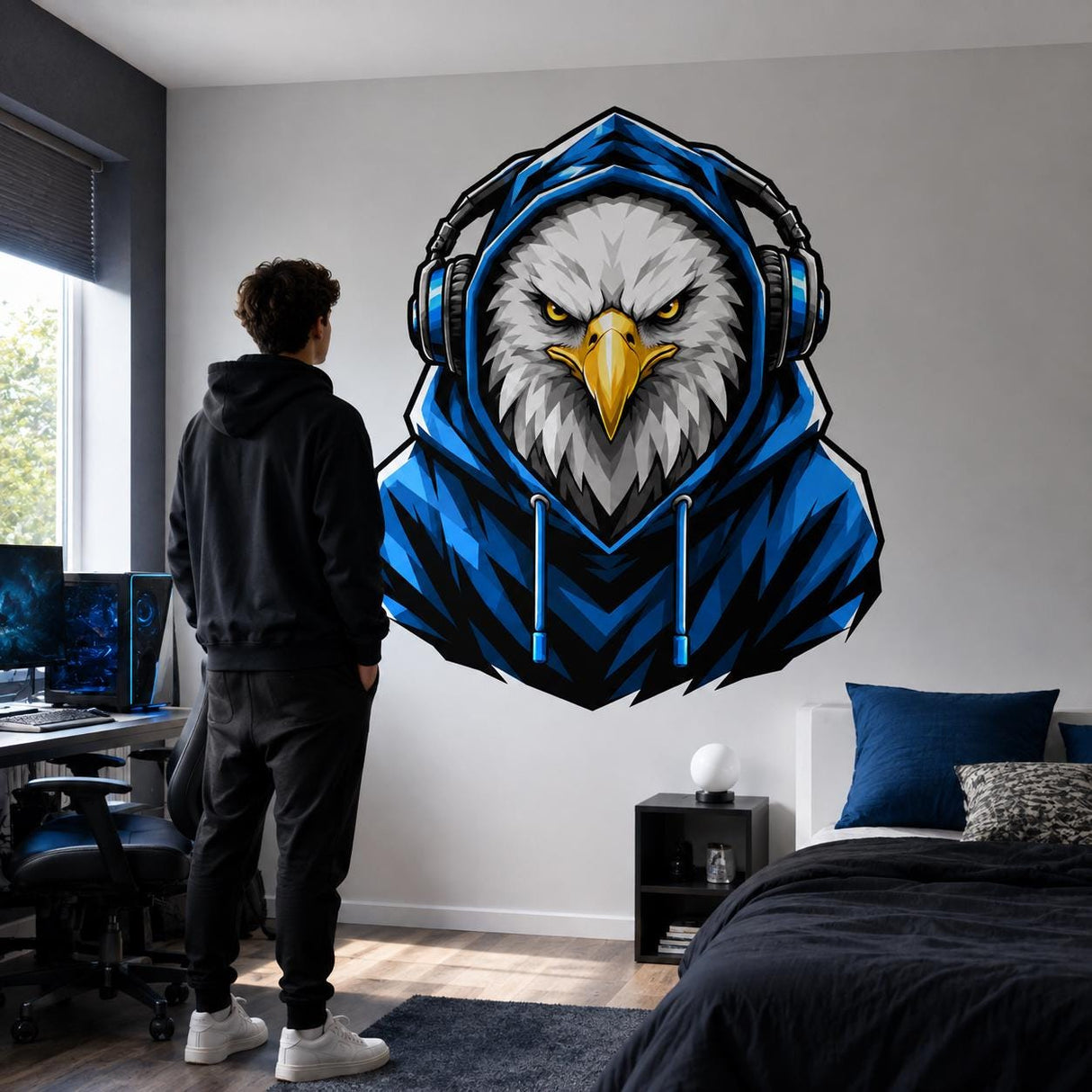 Bald Eagle Gamer Wall Decal | Gaming Eagle Wall Sticker | Gamer Room Decor | Teen Bedroom Wall Art | Blue Hoodie Eagle Gamer Wall Decoration