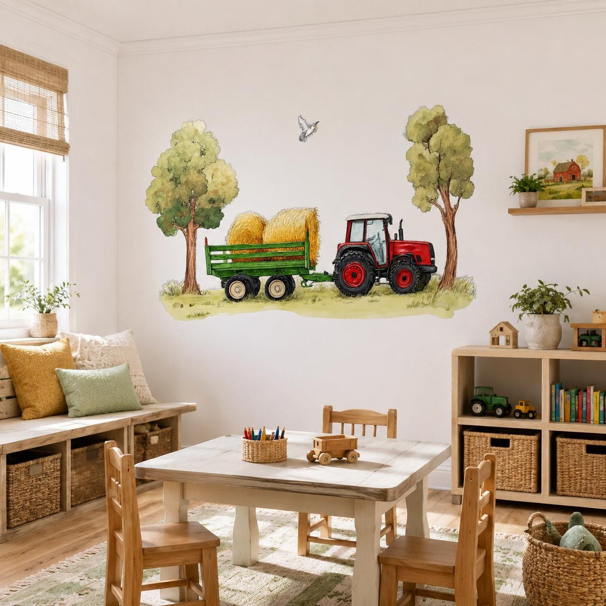 Red Tractor Wall Decal | Farm Tractor & Hay Trailer Wall Sticker | Rustic Kids Room Decor | Country Nursery Wall Art | Farm Wall Decorations