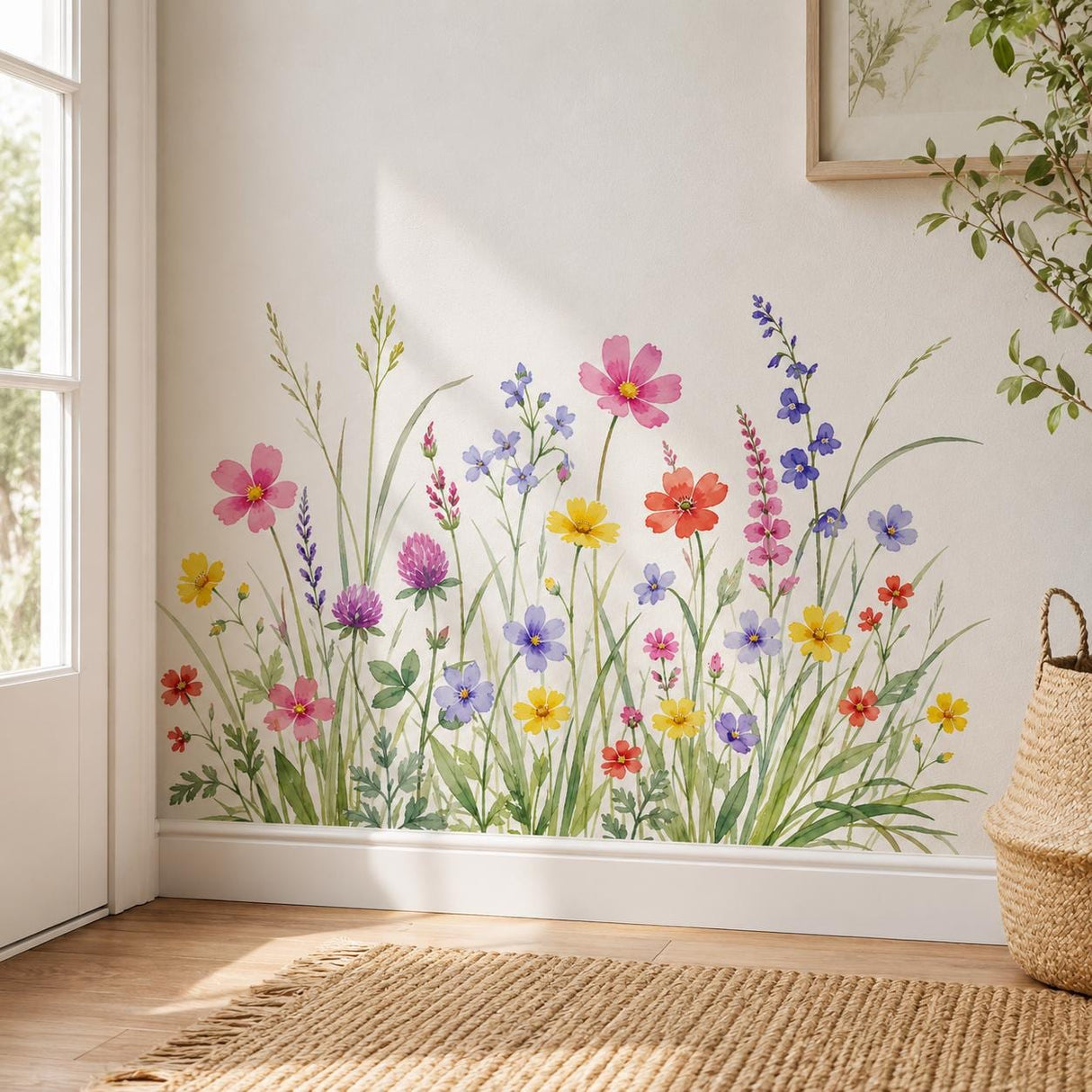 Watercolor meadow of delicate wildflowers in pink, coral, yellow, lavender, violet, and soft blue, growing among tall grasses, slender stems, and layered green foliage.