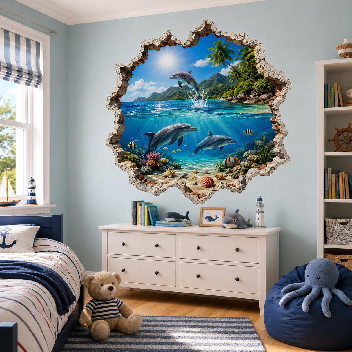 3D Dolphin Wall Decal | Tropical Ocean Wall Sticker | Underwater Dolphin Wall Art | Kids' Room Sea Art | Broken Wall Effect Ocean Decoration