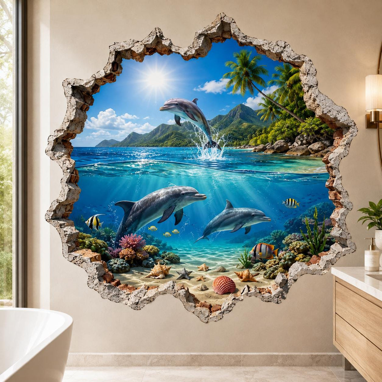 Realistic tropical ocean scene framed by a rugged broken-wall effect, with one dolphin leaping above turquoise water and two dolphins swimming below among colorful fish, coral, seashells, and starfish, with palm trees and green mountains along the sunny island coast.