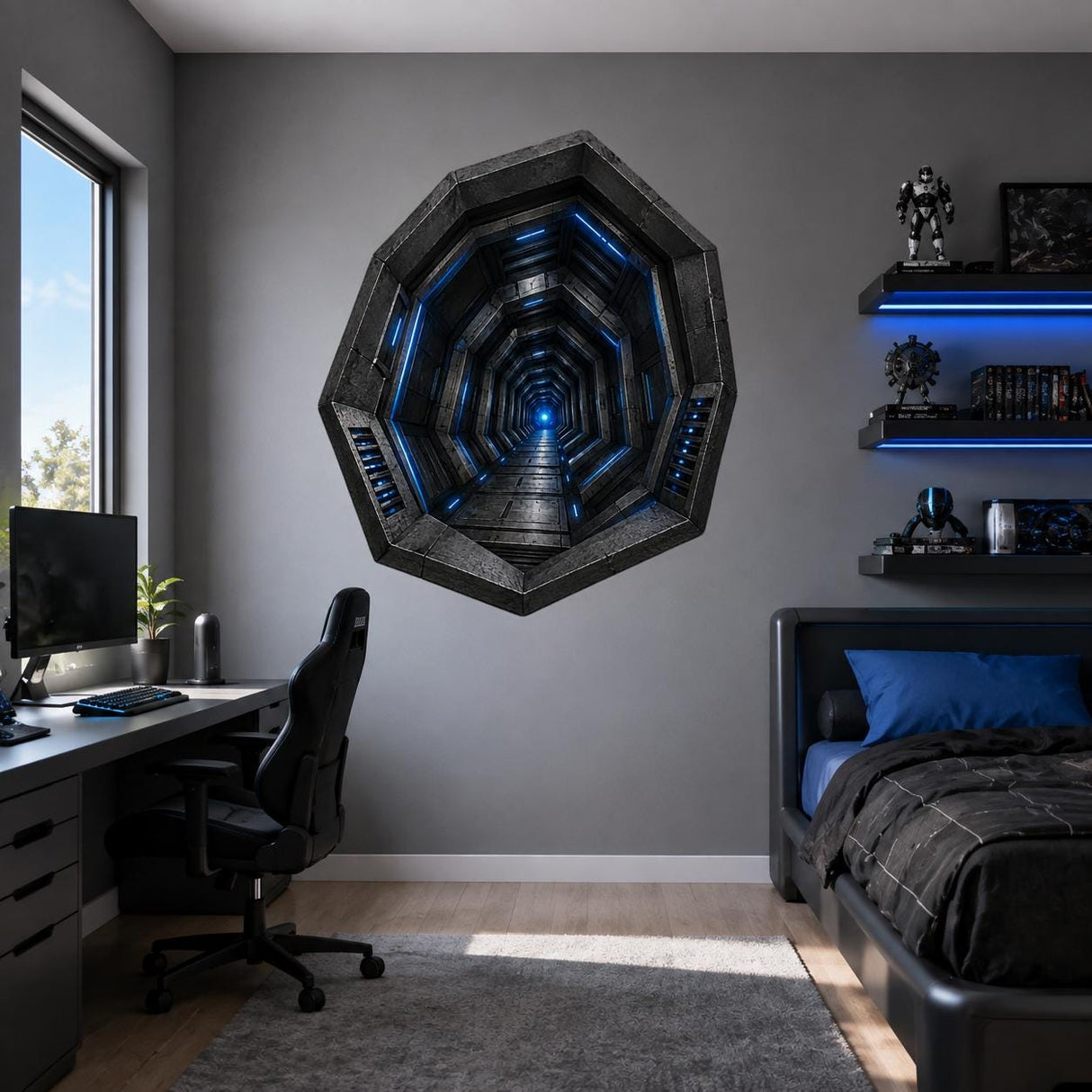 3D Sci-Fi Tunnel Wall Decal | Futuristic Corridor Sticker | Hexagon Portal Wall Art | Gamer Room Decor | Anamorphic Illusion