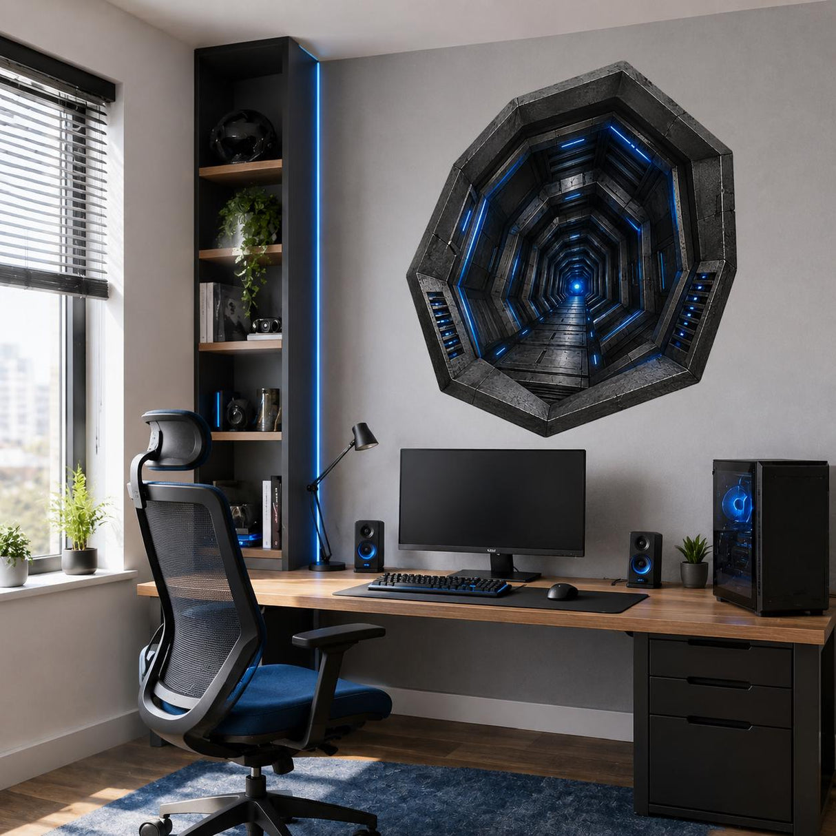 3D Sci-Fi Tunnel Wall Decal | Futuristic Corridor Sticker | Hexagon Portal Wall Art | Gamer Room Decor | Anamorphic Illusion