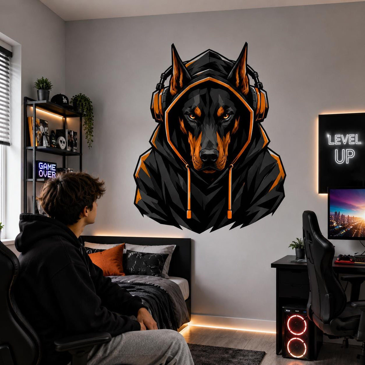 Doberman Gamer Wall Decal | Gaming Dog Wall Sticker | Headphones Animal Decor | Teen Room Wall Art | Black Orange Gaming Bedroom Decorations
