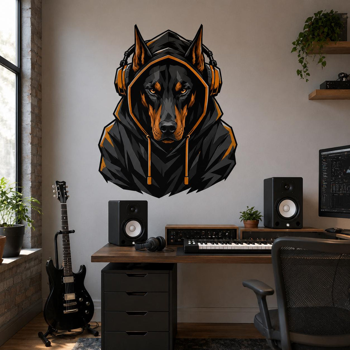 Doberman Gamer Wall Decal | Gaming Dog Wall Sticker | Headphones Animal Decor | Teen Room Wall Art | Black Orange Gaming Bedroom Decorations