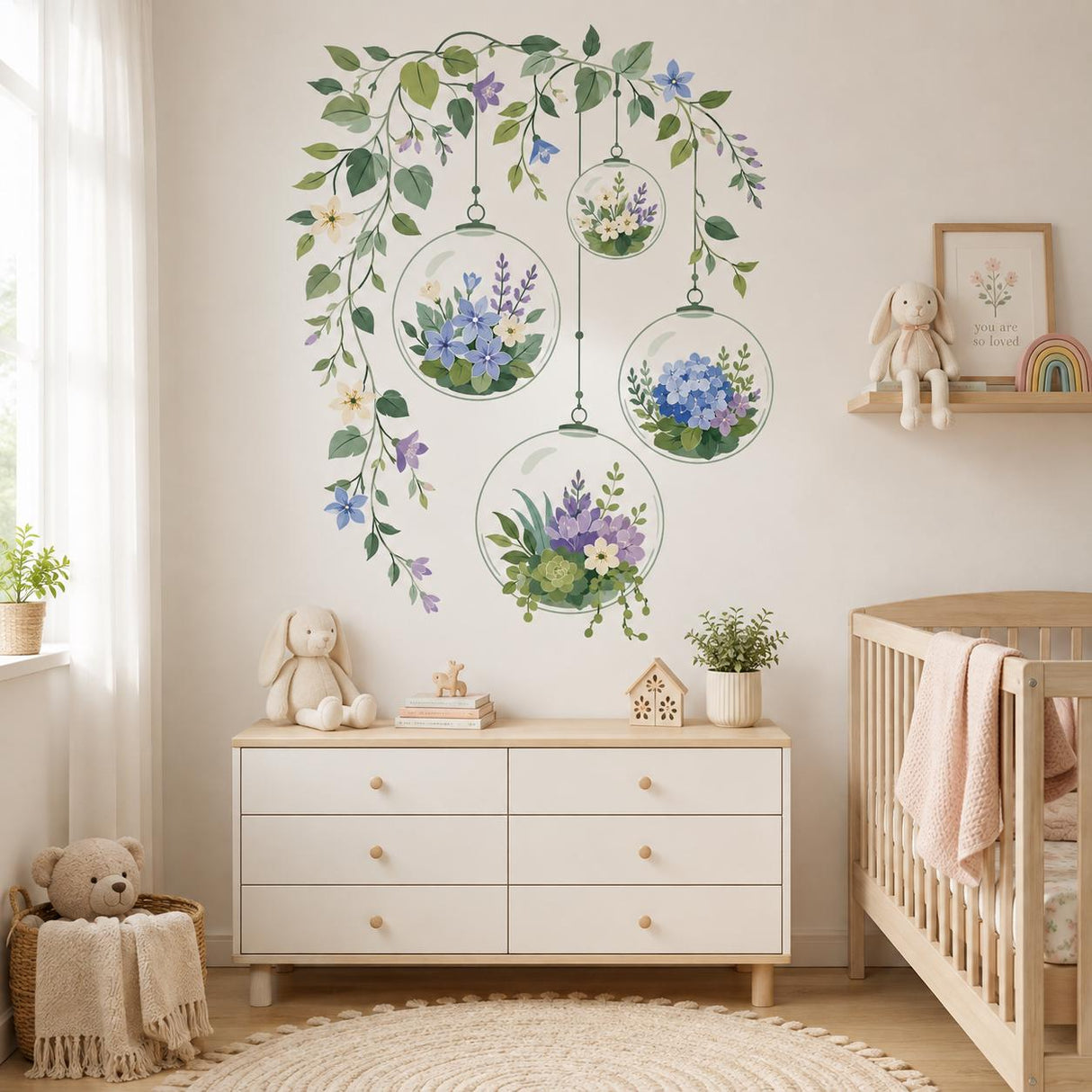 Hanging Terrarium Wall Decal | Floral Glass Globe Wall Sticker | Botanical Bedroom Decor | Blue Flowers Wall Art | Greenery Wall Decorations