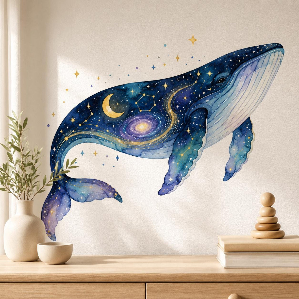 Watercolor whale in deep blue and violet tones filled with tiny stars, golden constellations, a crescent moon, and a swirling galaxy, surrounded by scattered gold and blue star accents.