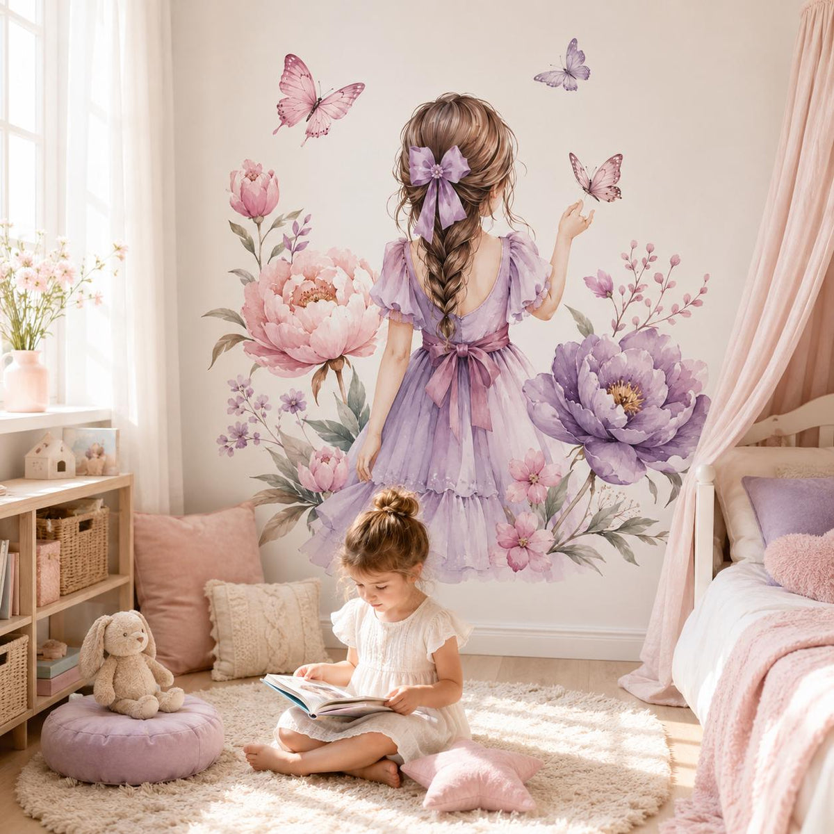 Watercolor Braided Girl Floral Wall Decal | Butterfly Nursery Decor | Purple Flower Wall Sticker | Girls Bedroom Vinyl Decor | Peony Flowers