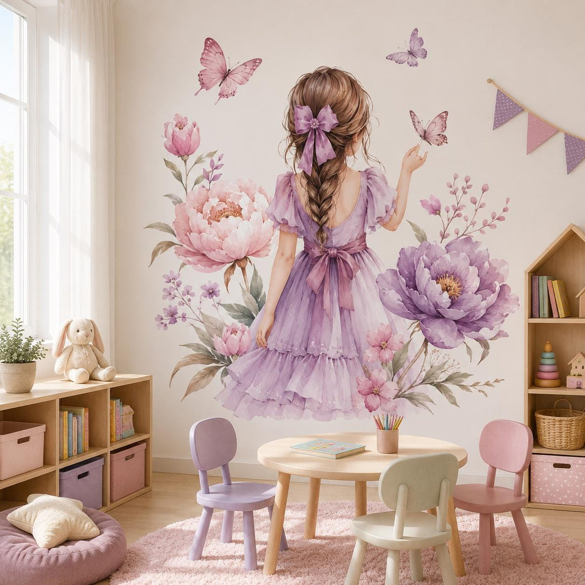 Watercolor Braided Girl Floral Wall Decal | Butterfly Nursery Decor | Purple Flower Wall Sticker | Girls Bedroom Vinyl Decor | Peony Flowers