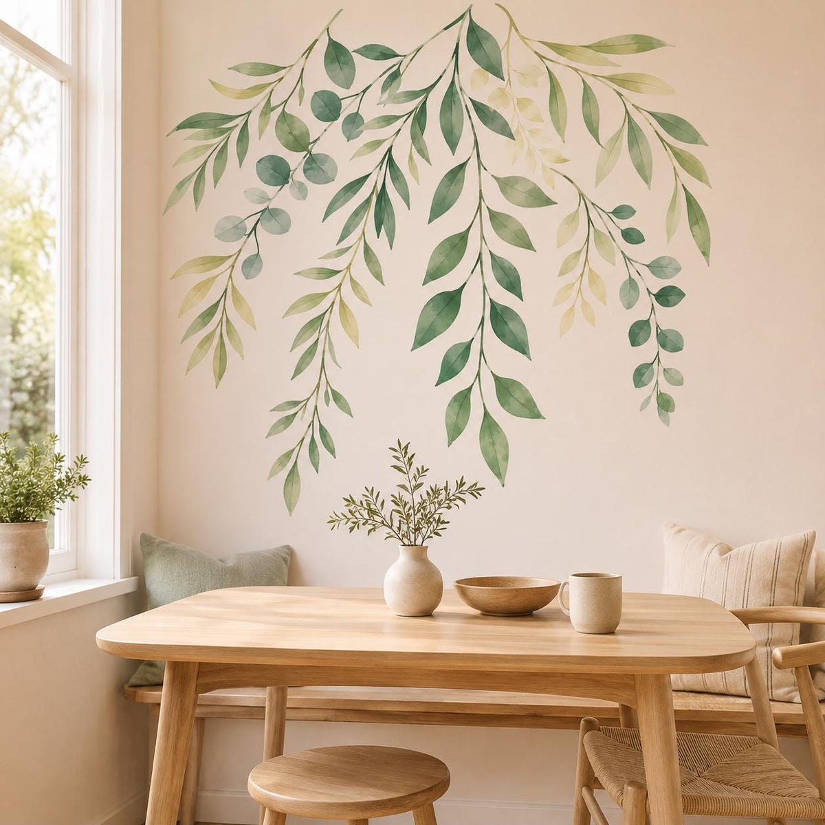 Watercolor Botanical Wall Decal | Hanging Greenery Vinyl Wall Sticker | Sage Leaf Decor for Dining Room, Bedroom or Entryway | Home Accent