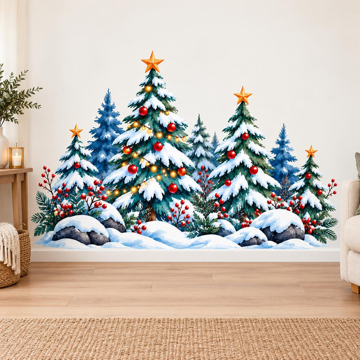 Watercolor-style snowy evergreen forest with red ornaments, berries, gold-colored stars, illustrated lights and dark rocks.