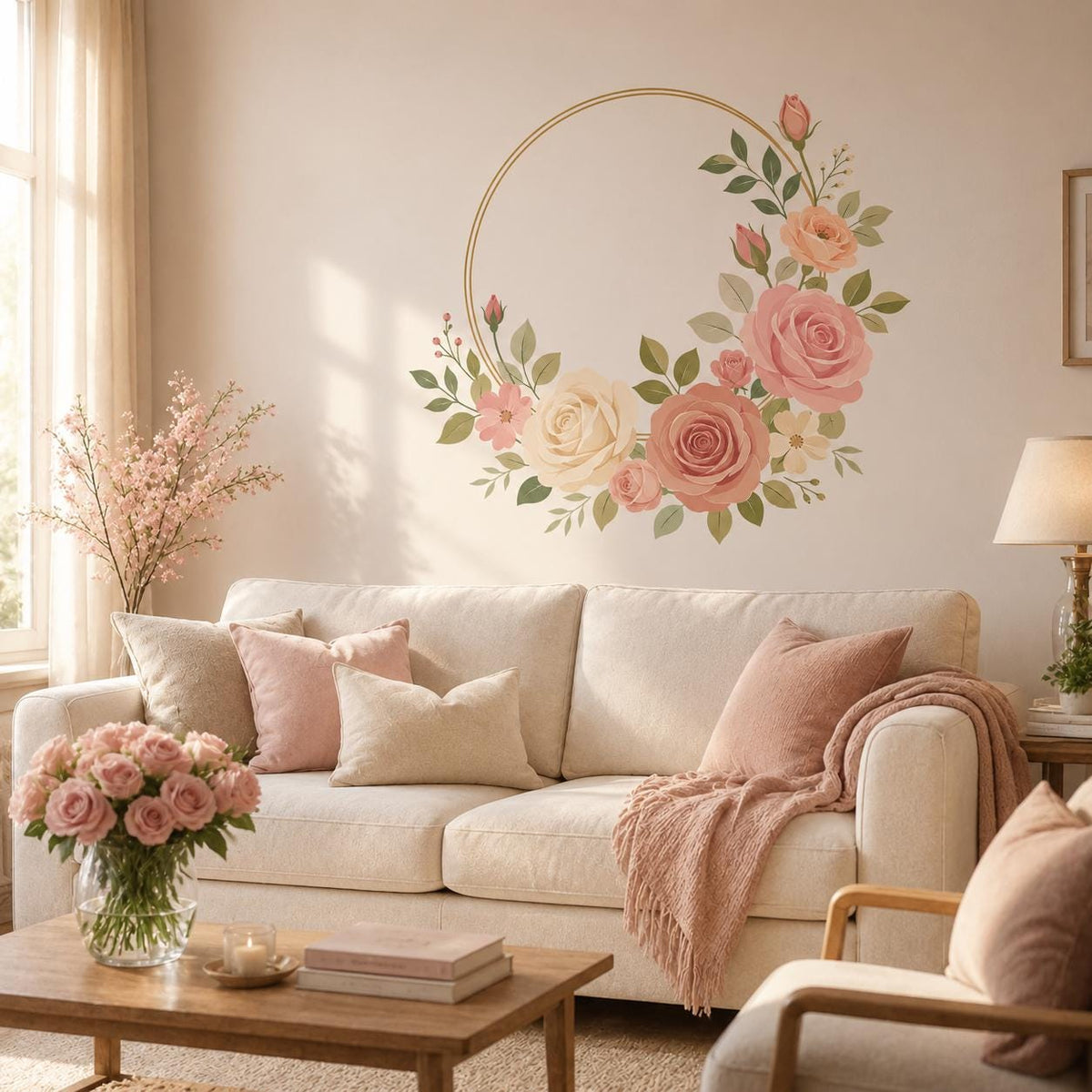 Floral Rose Gold Ring Circle Wall Decal | Watercolor Botanical Wall Sticker | Blush Pink Flower Bedroom and Nursery Decor | Vinyl Wall Art