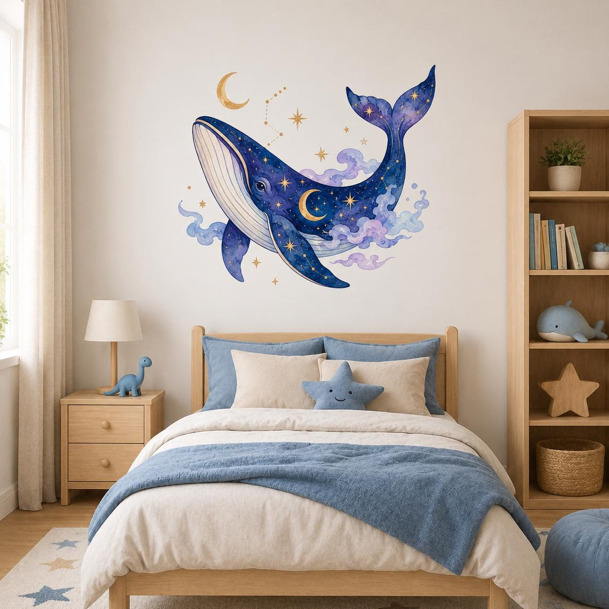 Celestial Whale Wall Decal | Moon and Stars Wall Sticker | Watercolor Whale Nursery Decor | Ocean Kids Room Wall Art | Starlit Bedroom Decor