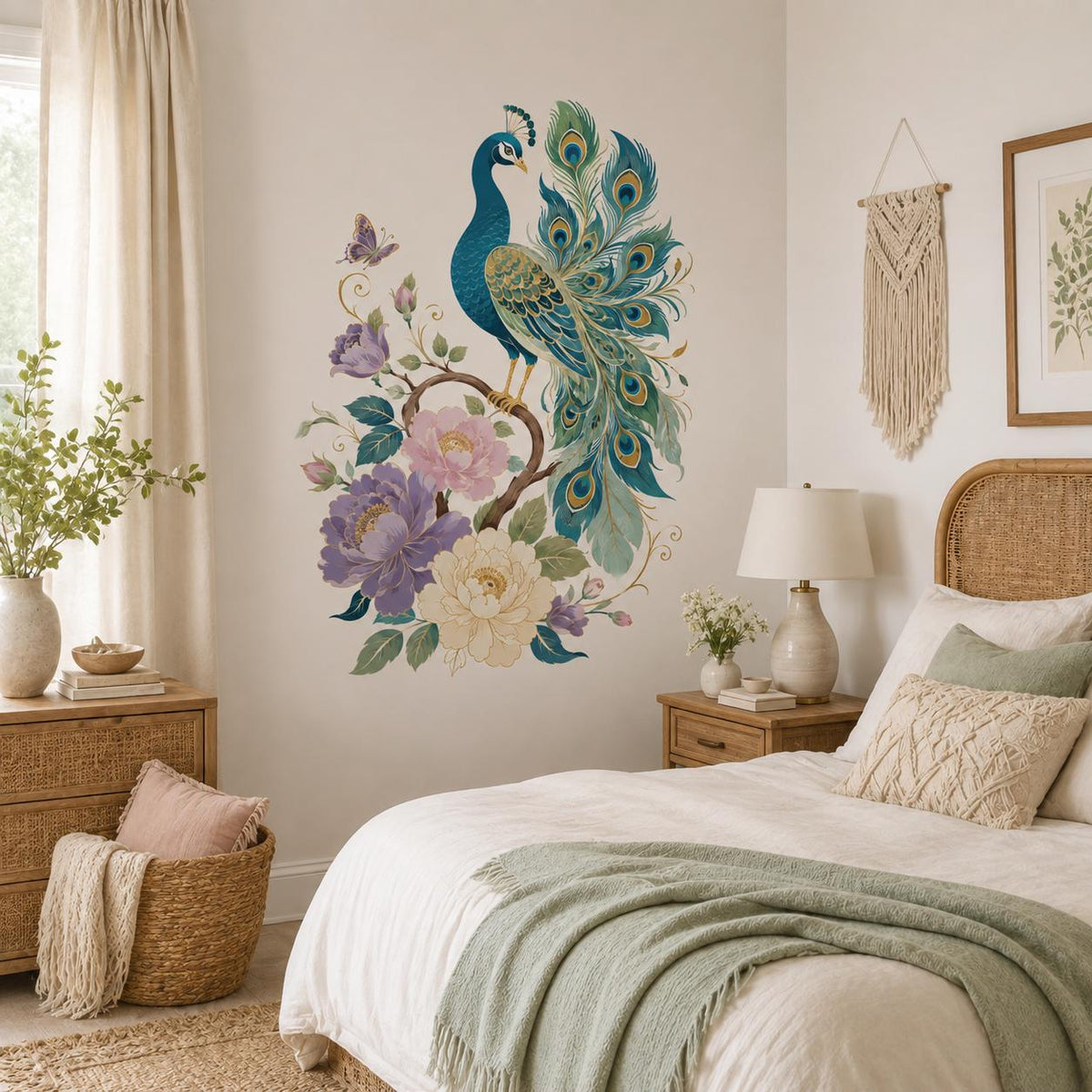 Floral Peacock Wall Decal | Teal and Gold Botanical Bird Vinyl Sticker | Colorful Living Room Bedroom Wall Decor | Ornate Nature Decor Art