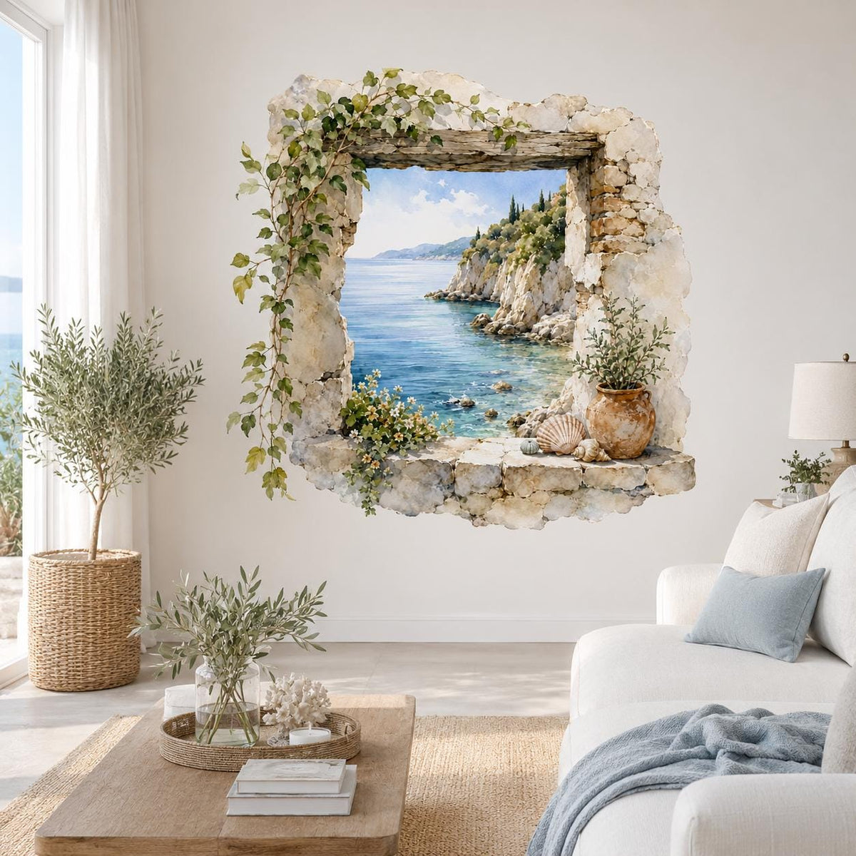 Stone Window Ocean View Wall Decal | Watercolor Mediterranean Coastal Mural | Rustic Seaside Wall Sticker | Vinyl Wall Decor | Seaside Decor