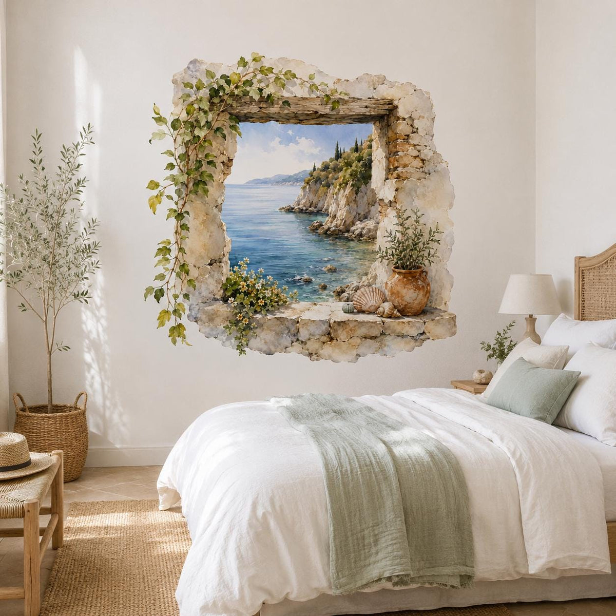 Stone Window Ocean View Wall Decal | Watercolor Mediterranean Coastal Mural | Rustic Seaside Wall Sticker | Vinyl Wall Decor | Seaside Decor