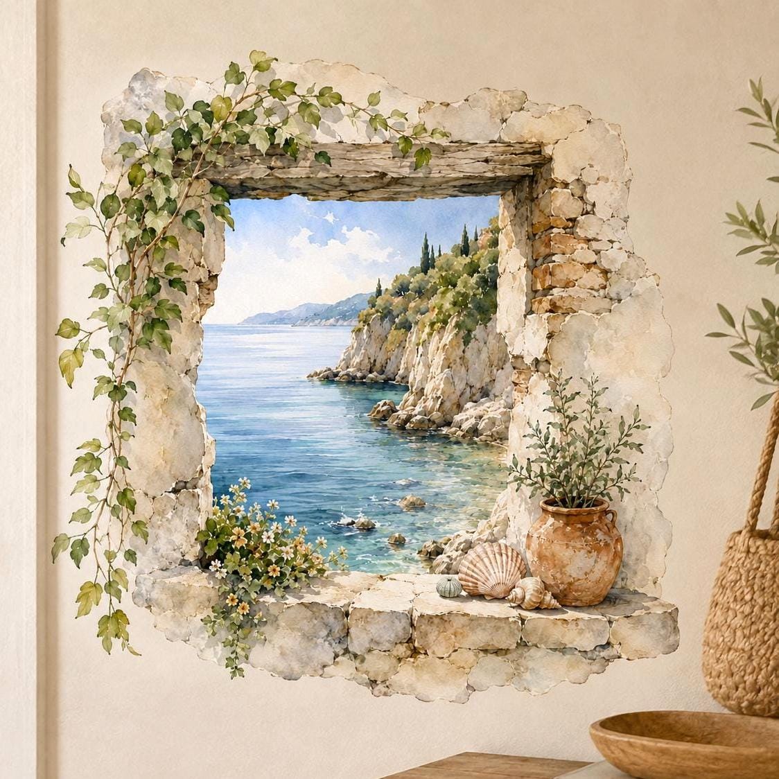 Watercolor-style stone window wall decal framing a blue sea view, with trailing vines, flowers, seashells and a terracotta pot.