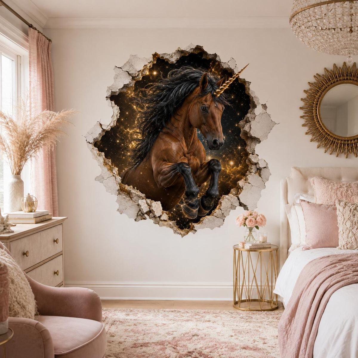 3D Unicorn Wall Decal | Cosmic Fantasy Horse Vinyl Sticker | Broken Wall Effect Bedroom Decor | Gold Black Unicorn Room Decor | Celestial