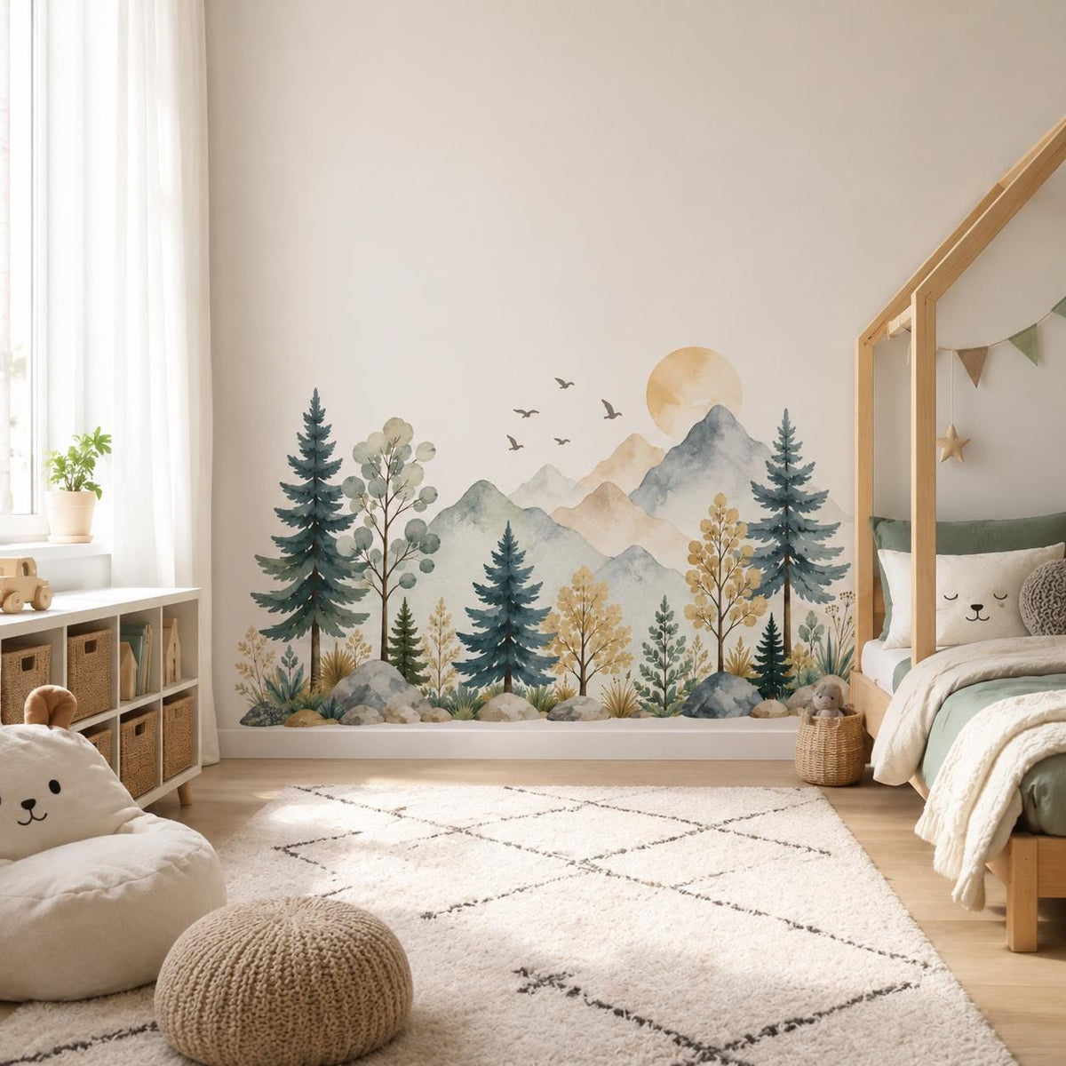 Watercolor Mountain Woodland Wall Decal | Forest Nursery Wall Mural | Kids Room Nature Decor | Vinyl Wall Sticker | Soft Baby Room Decor