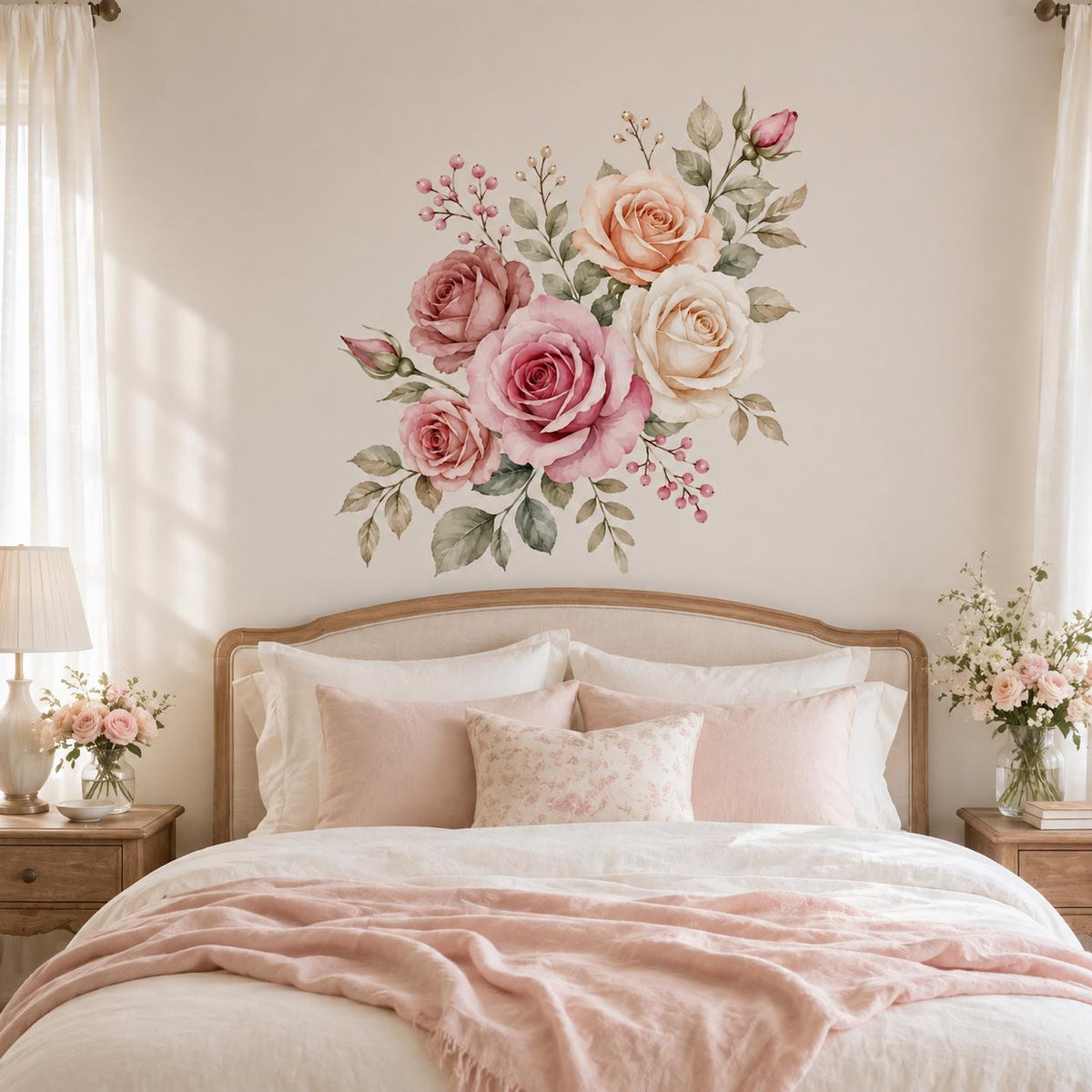 Watercolor Rose Wall Decal | Pink Rose Floral Wall Sticker | Romantic Botanical Wall Art | Bedroom Flower Decor | Blush Rose Wall Decoration