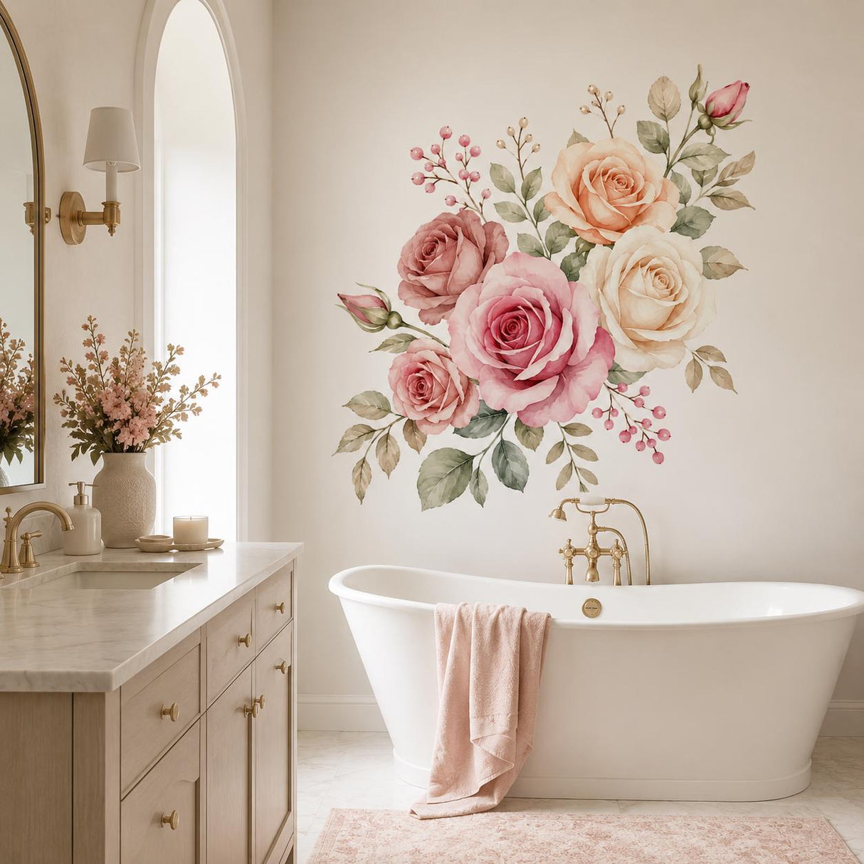 Watercolor Rose Wall Decal | Pink Rose Floral Wall Sticker | Romantic Botanical Wall Art | Bedroom Flower Decor | Blush Rose Wall Decoration