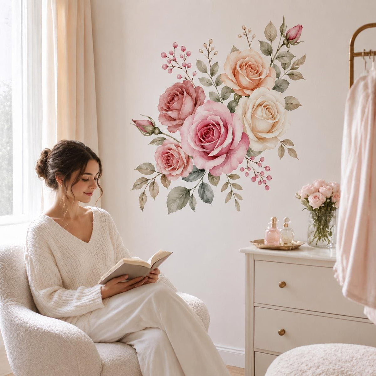 Watercolor Rose Wall Decal | Pink Rose Floral Wall Sticker | Romantic Botanical Wall Art | Bedroom Flower Decor | Blush Rose Wall Decoration