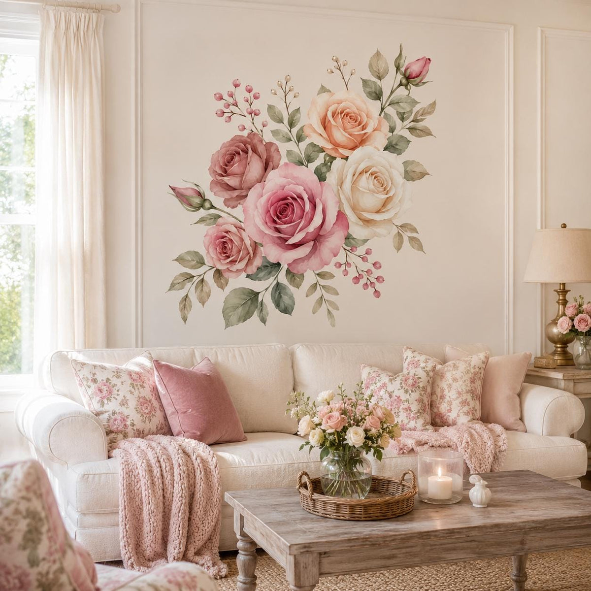 Watercolor Rose Wall Decal | Pink Rose Floral Wall Sticker | Romantic Botanical Wall Art | Bedroom Flower Decor | Blush Rose Wall Decoration