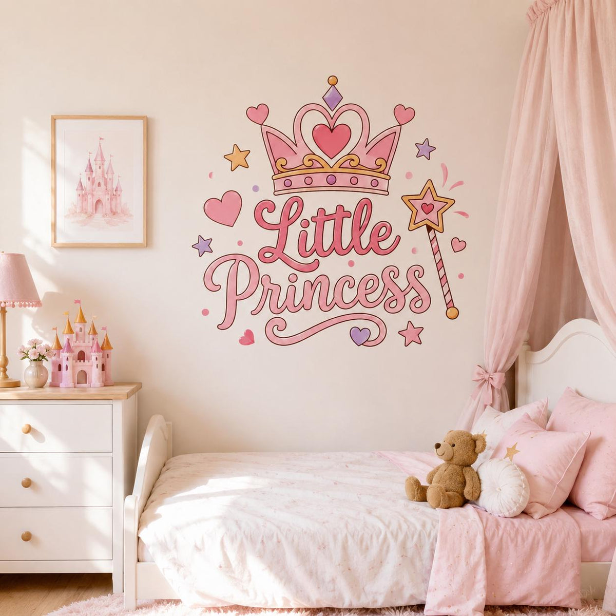 Little Princess Wall Decal | Pink Crown Wall Sticker | Girls' Bedroom Decor | Princess Nursery Wall Art | Magic Wand Hearts Stars Wall Decor