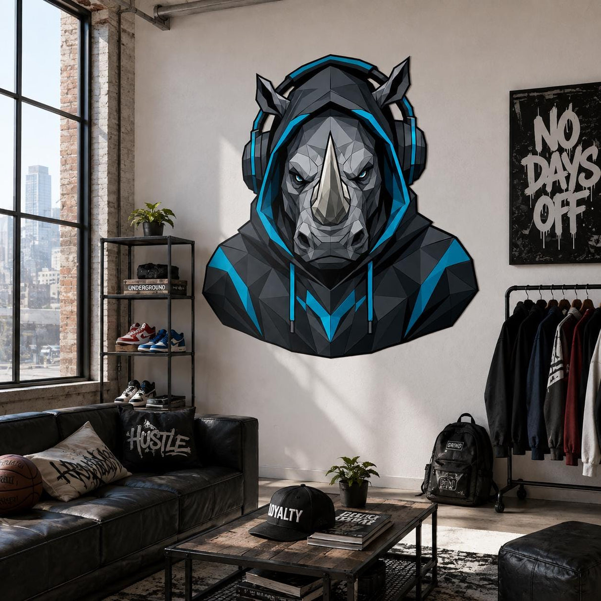 Rhino Gamer Wall Decal | Gaming Rhino Wall Sticker | Headphones Animal Decor | Teen Room Wall Art | Blue Black Gamer Bedroom Wall Decoration