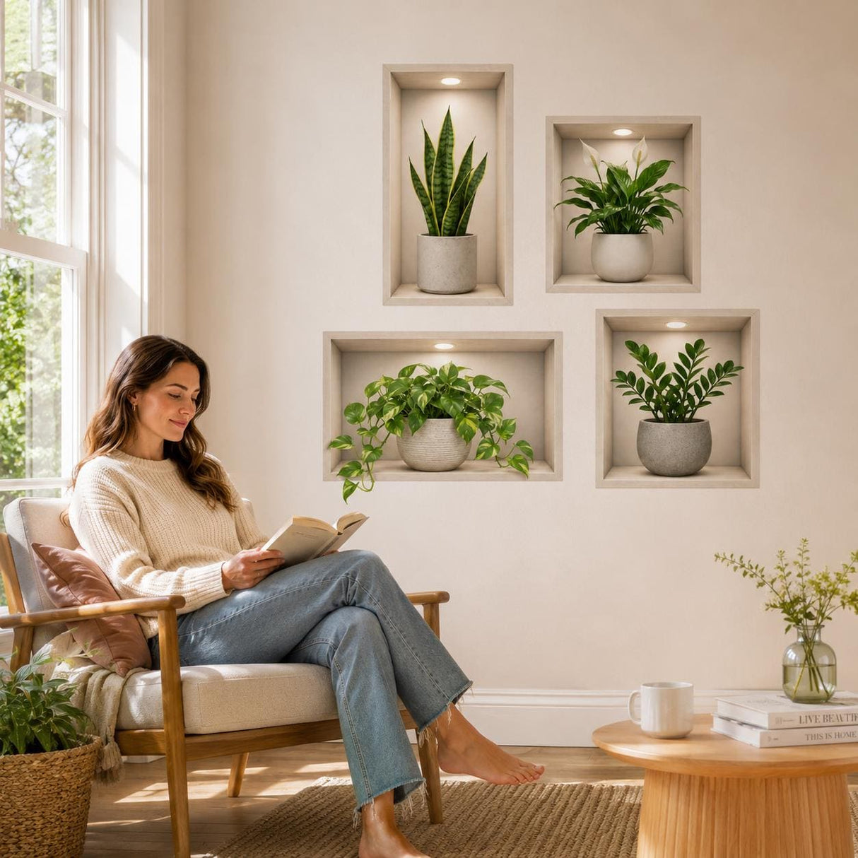 3D Plant Wall Niche Decal | Faux Recessed Shelf Wall Sticker | Indoor Plant Wall Art | Modern Botanical Decor | Living Room Wall Decorations