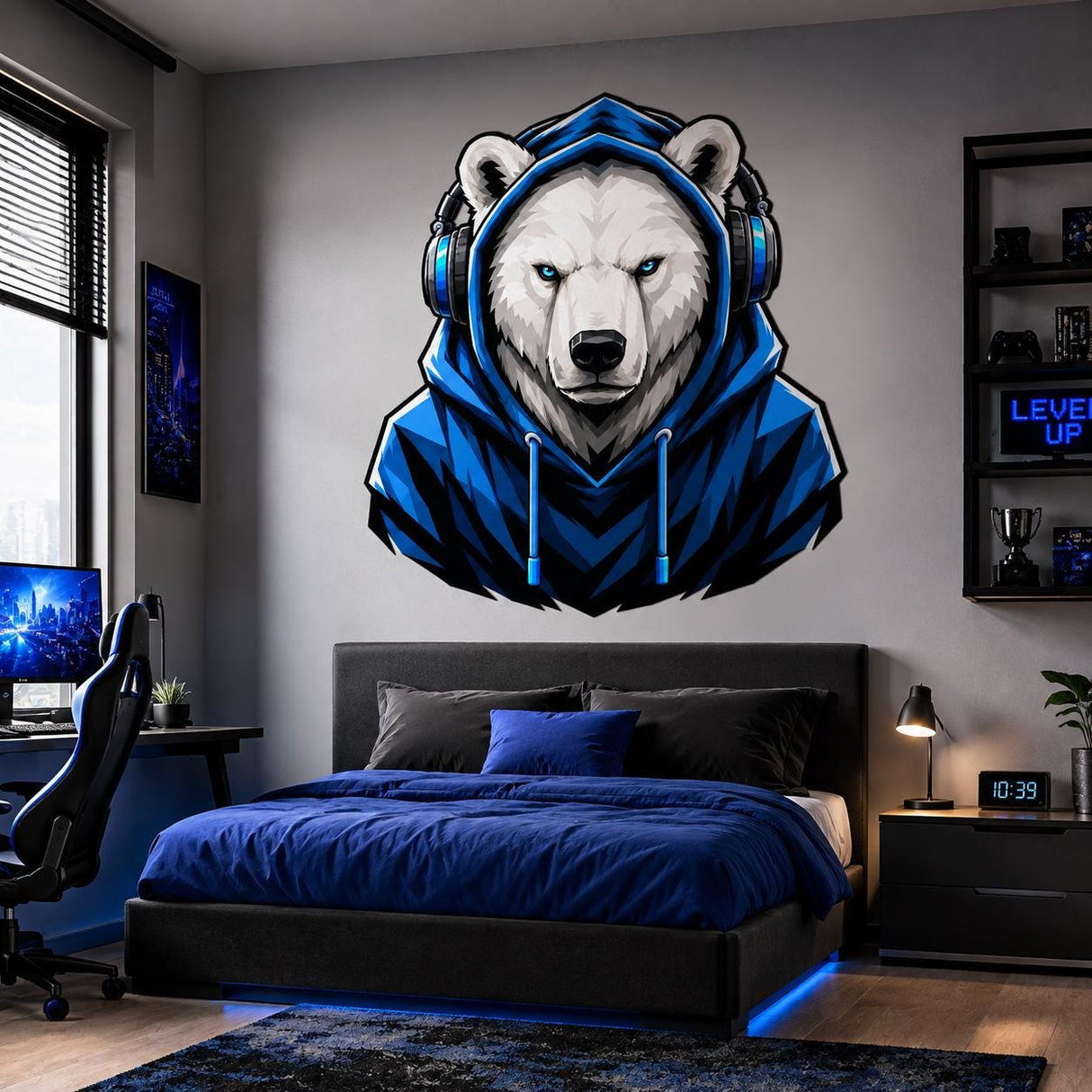 Polar Bear Gamer Wall Decal | Gaming Polar Bear Wall Sticker | Blue Hoodie Animal Decor | Teen Game Room Wall Art | Gamer Bedroom Wall Decor