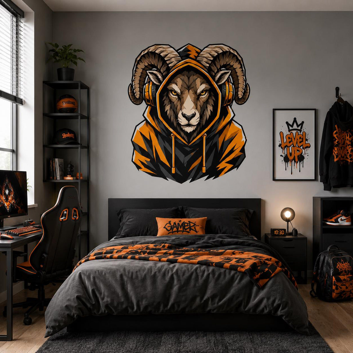 Ram Gamer Wall Decal | Gaming Ram Wall Sticker | Horned Animal Decor | Teen Game Room Wall Art | Orange Hoodie Gamer Bedroom Wall Decoration