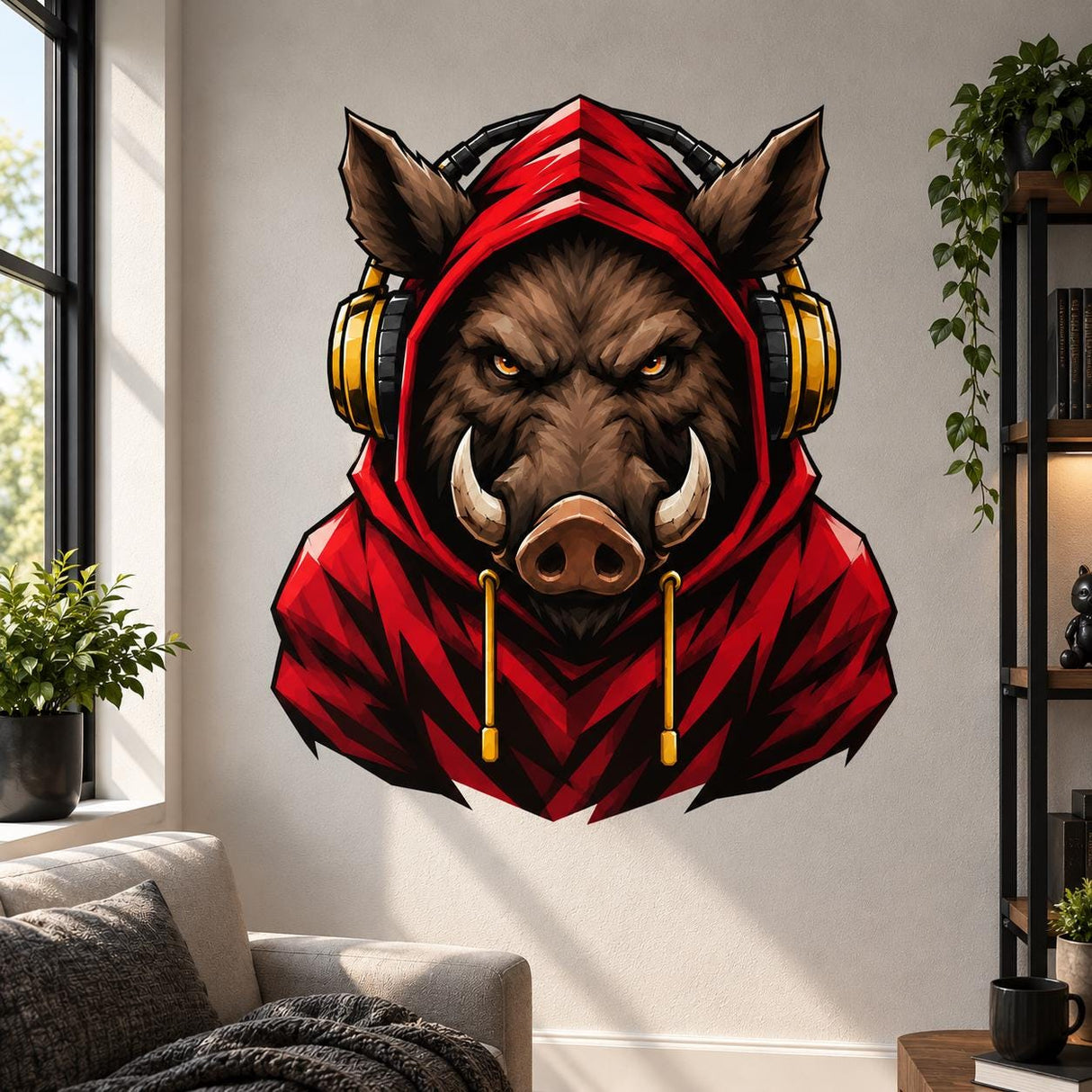 Bold illustrated wild boar with large curved tusks, amber eyes, and brown facial shading, wearing a bright red hooded sweatshirt and large black-and-gold over-ear headphones.
