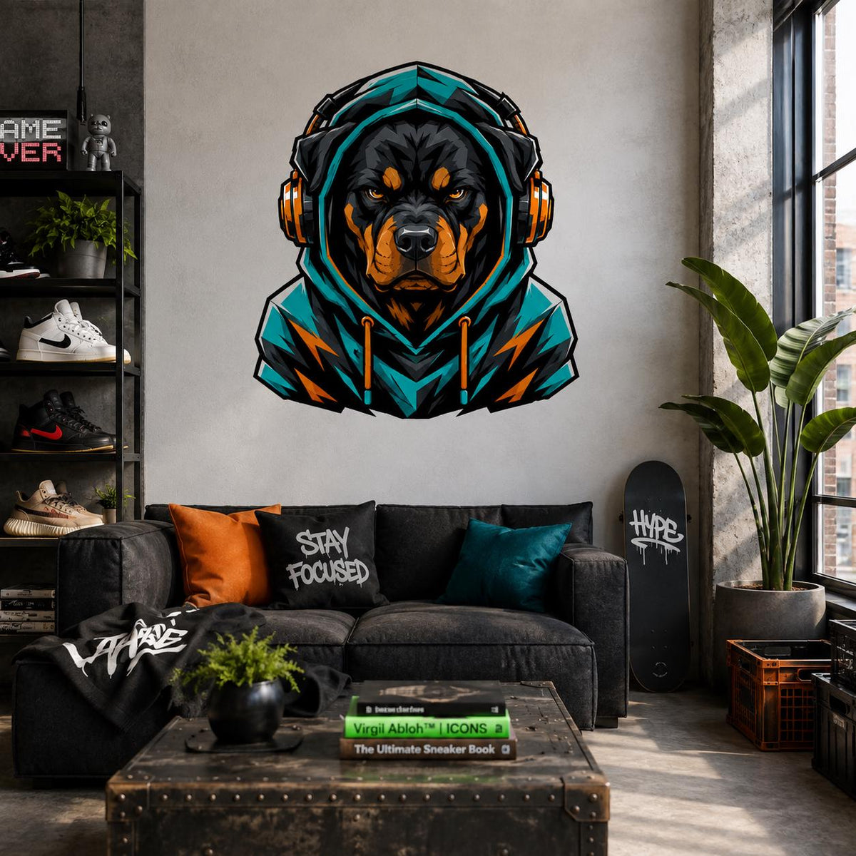 Rottweiler Gamer Wall Decal | Gaming Rottweiler Wall Sticker | Teal Hoodie Dog Decor | Teens Gaming Room Wall Art | Gamer Bedroom Wall Decor