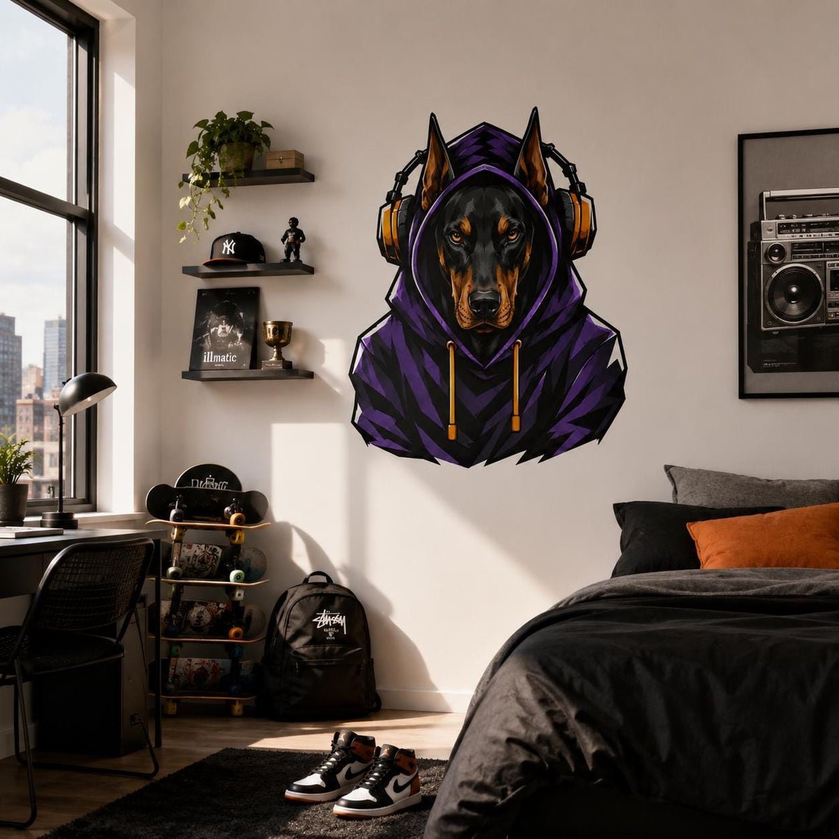 Doberman Gamer Wall Decal | Gaming Doberman Wall Sticker | Purple Hoodie Dog Decor | Teen Game Room Wall Art | Gamer Bedroom Wall Decoration
