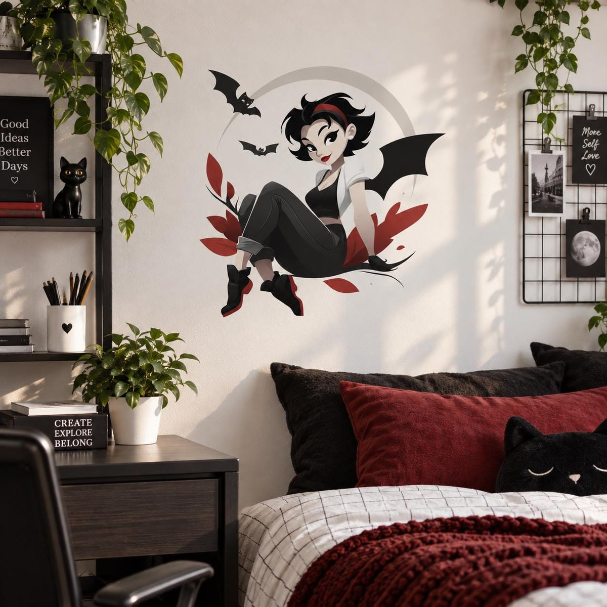 Gothic Bat Girl Wall Decal | Cute Spooky Vinyl Sticker | Gothic Bedroom Decor | Dark Kawaii Anime Wall Art | Vampire Inspired Moon Decor