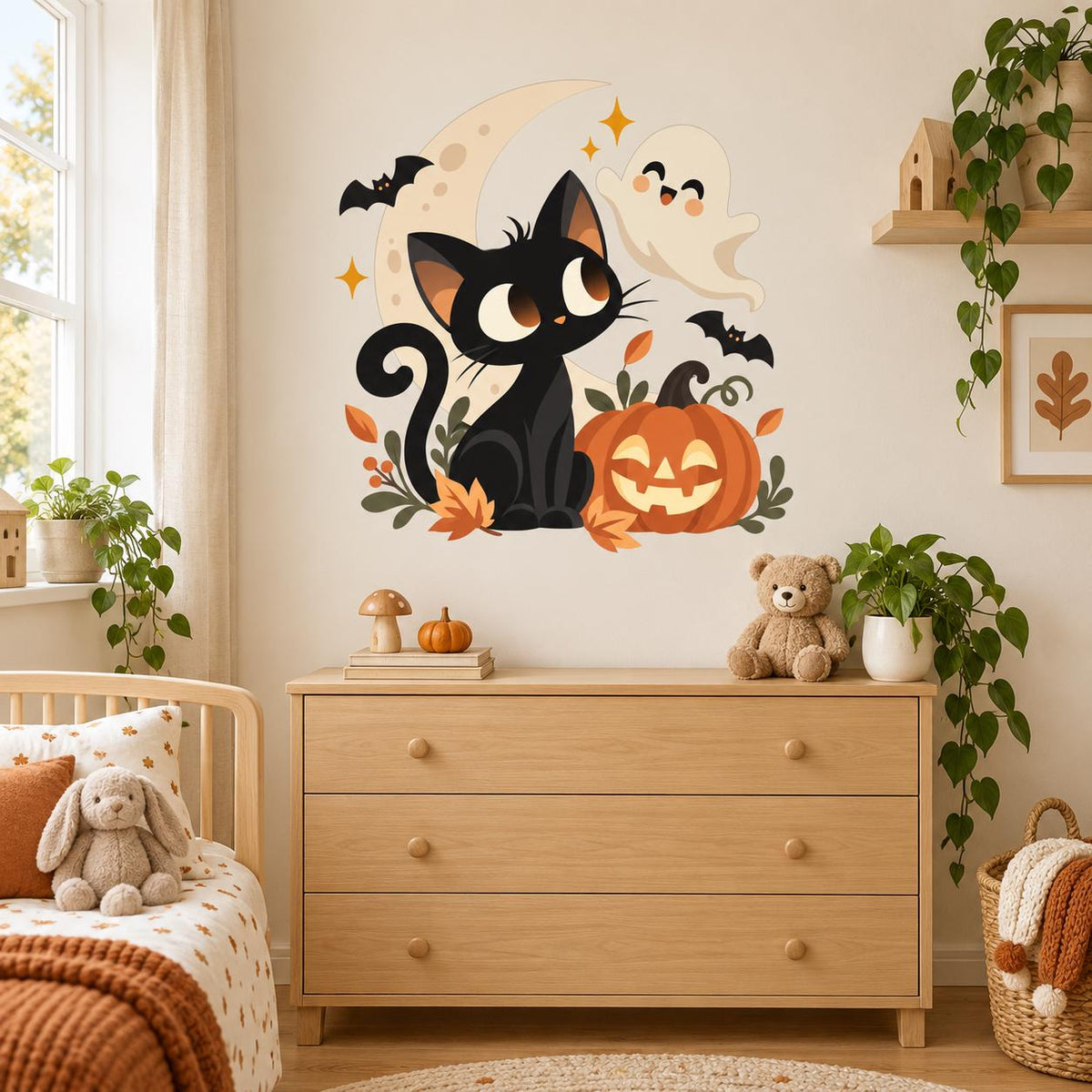 Halloween Black Cat and Pumpkin Wall Decal | Cute Ghost Moon Bat Vinyl Sticker | Kids Room Nursery Classroom Decor | Cozy Autumn Wall Art