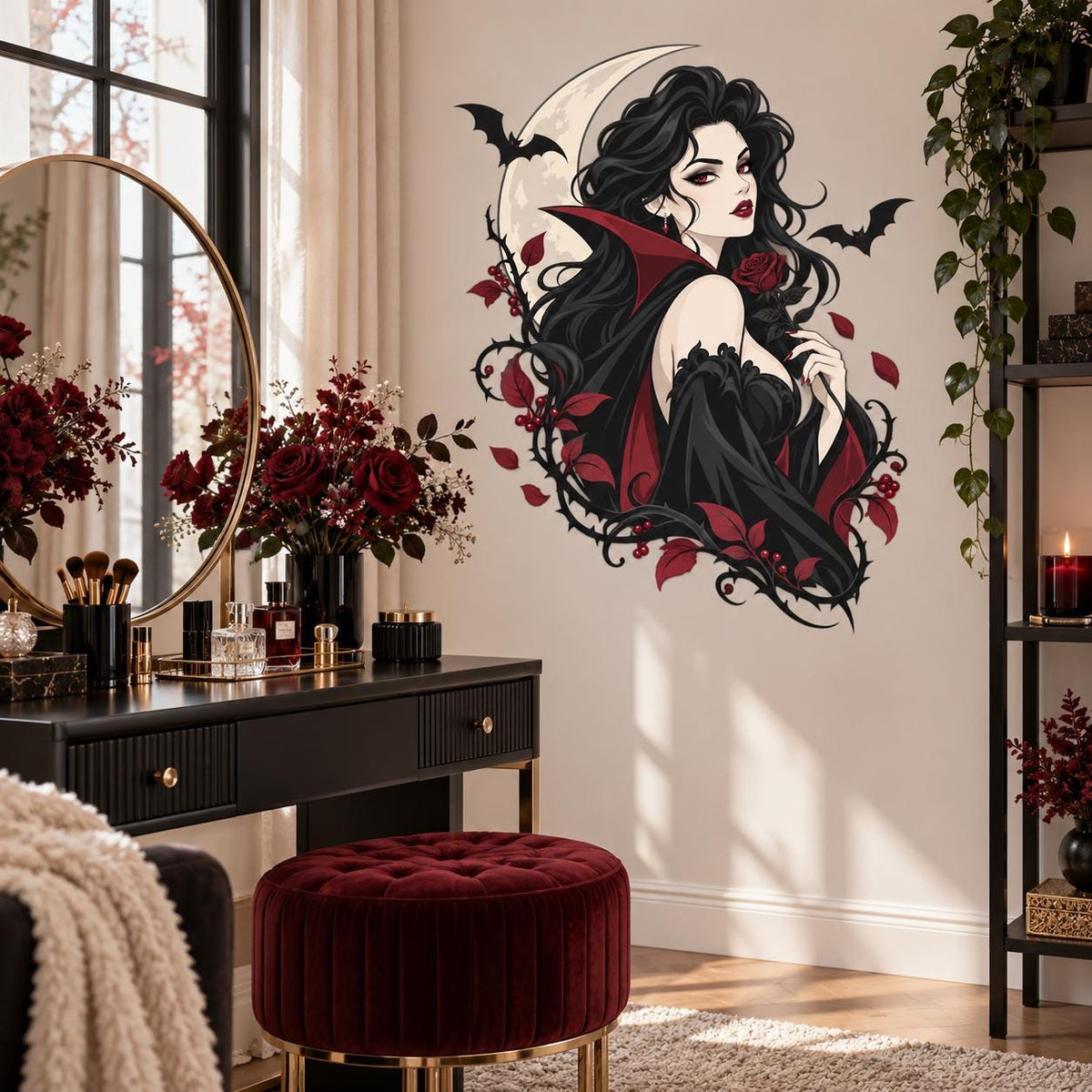 Gothic Vampire Woman Wall Decal | Moon and Bats Vinyl Wall Sticker | Dark Fantasy Gothic Bedroom Decor | Halloween Wall Decor | Witchy Decor