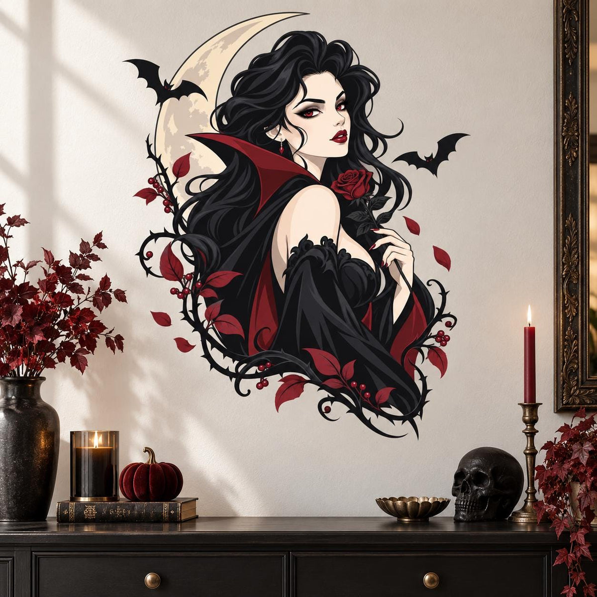 Gothic vampire woman holding a crimson rose, framed by a pale moon, black bats, burgundy leaves and curling thorn vines.