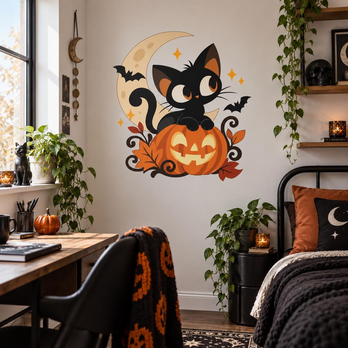 Black Cat Pumpkin Halloween Wall Decal | Cute Jack O Lantern Moon Vinyl Wall Sticker | Fall Home Wall Decor | Kid Friendly Party Decoration