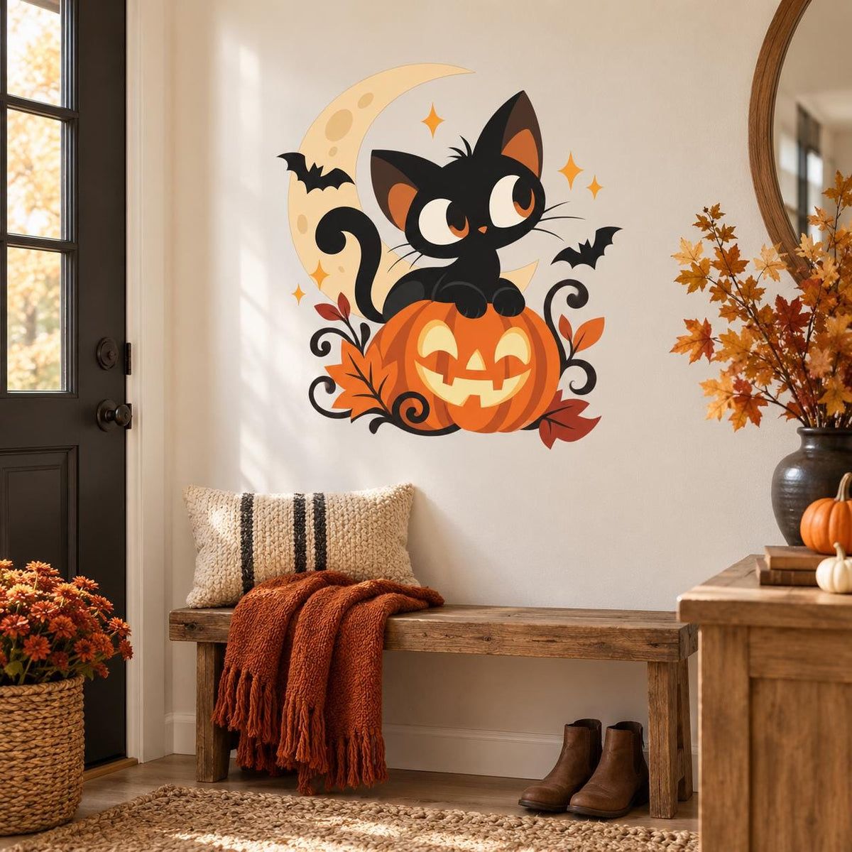 Black Cat Pumpkin Halloween Wall Decal | Cute Jack O Lantern Moon Vinyl Wall Sticker | Fall Home Wall Decor | Kid Friendly Party Decoration
