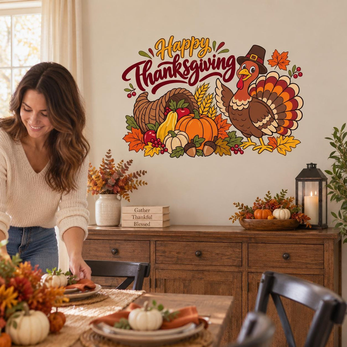 Happy Thanksgiving Wall Decal with Turkey and Cornucopia | Fall Harvest Vinyl Wall Decor | Classroom Kitchen Dining Room Decor Party Decor