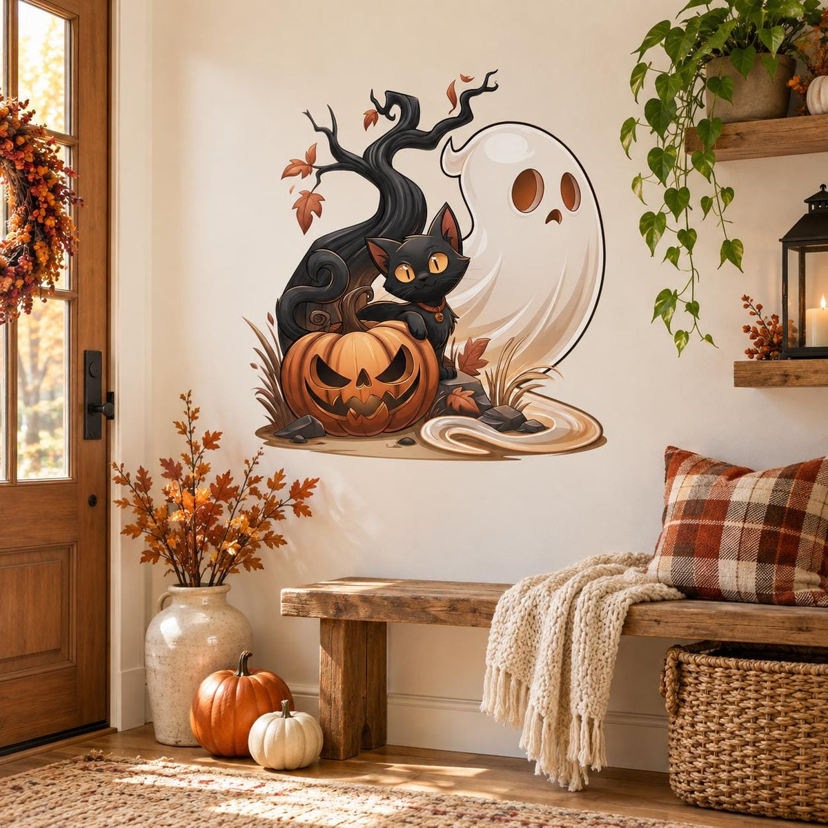 Black Cat Ghost Pumpkin Halloween Wall Decal | Whimsical Haunted Tree Vinyl Wall Sticker | Cute Kids Room Seasonal Decor | Autumn Wall Art