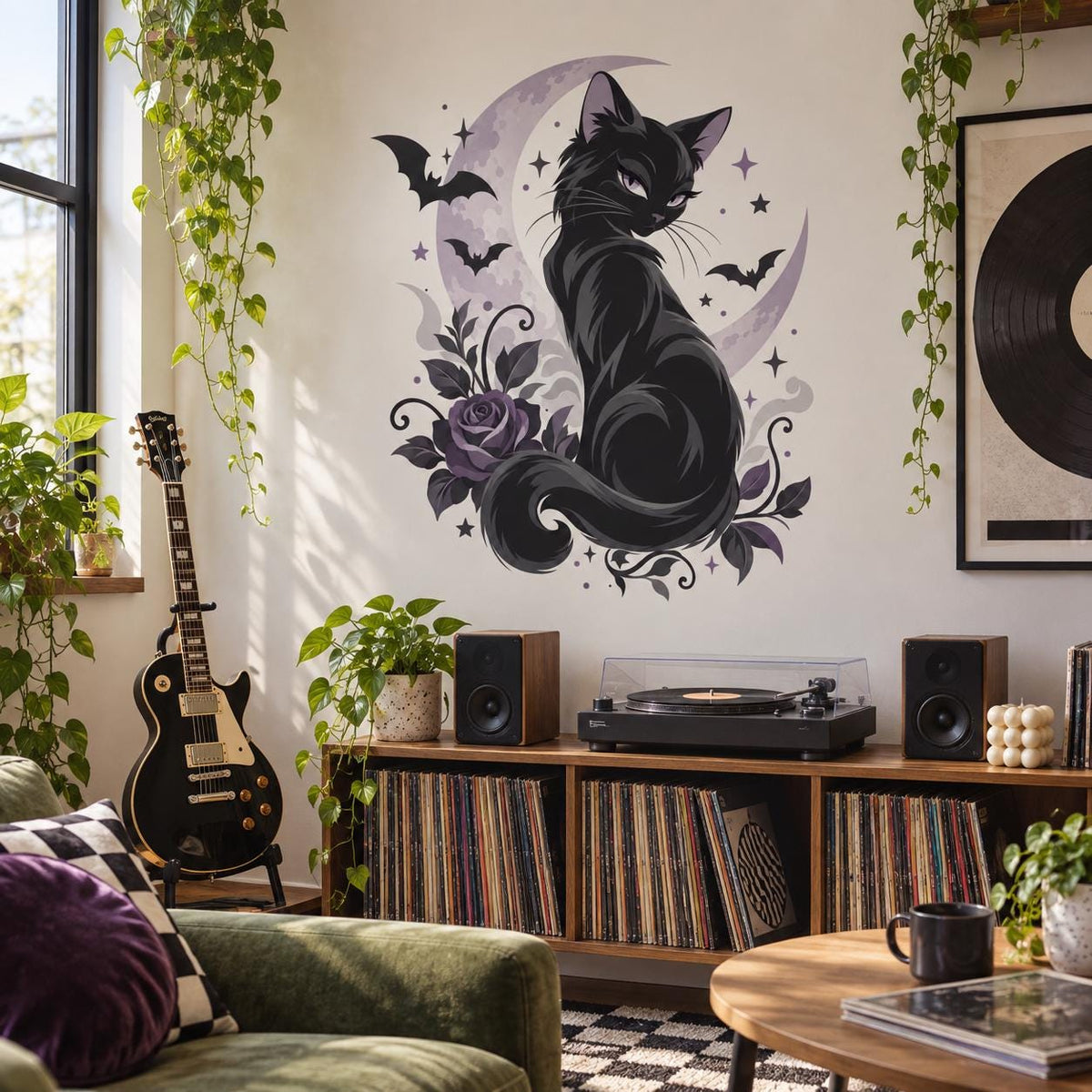 Black Cat Moon Wall Decal | Gothic Witchy Bedroom Decor | Celestial Bat and Dark Floral Vinyl Wall Sticker | Purple Gothic Room Wall Decor